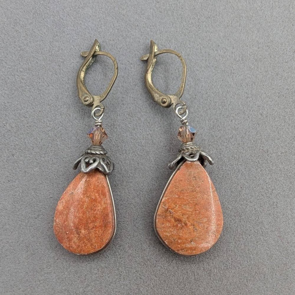 Vintage Style Orange Jasper Teardrop Drop Earrings Bronze Leverback‎ Filigree